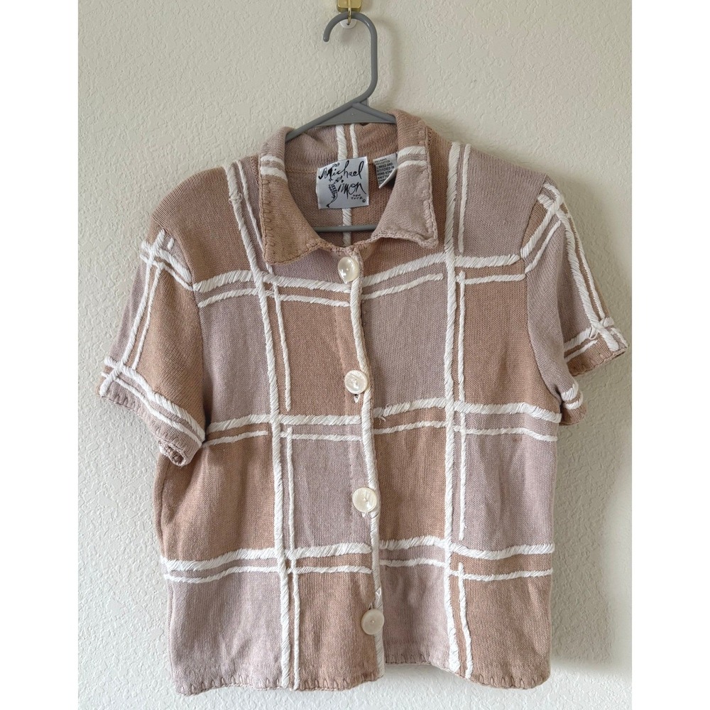 Michael Simon Womens Plaid Textured Knit Button Up Short Sleeve Shirt Top L